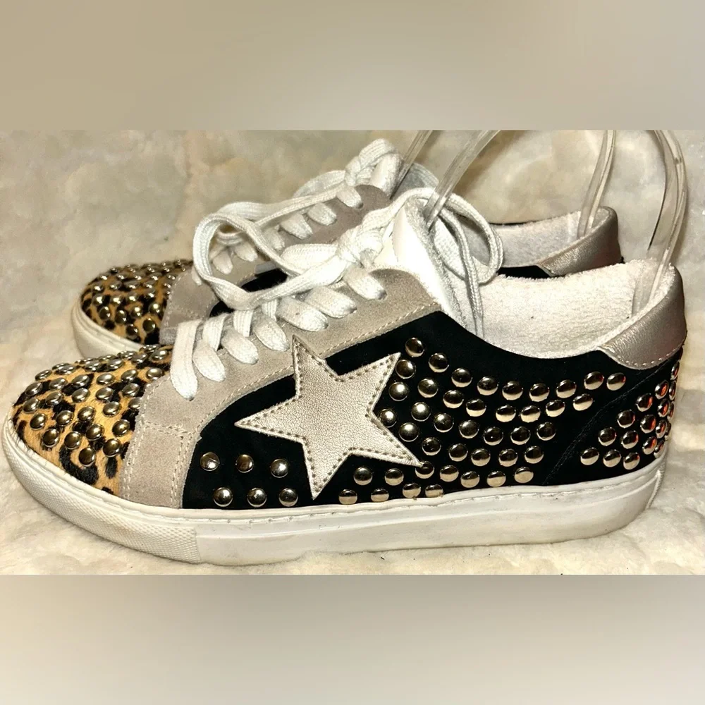 Steve Madden Turner Leather Black and Leopard Studded Sneakers women’s size 7.5 - Picture 6 of 11